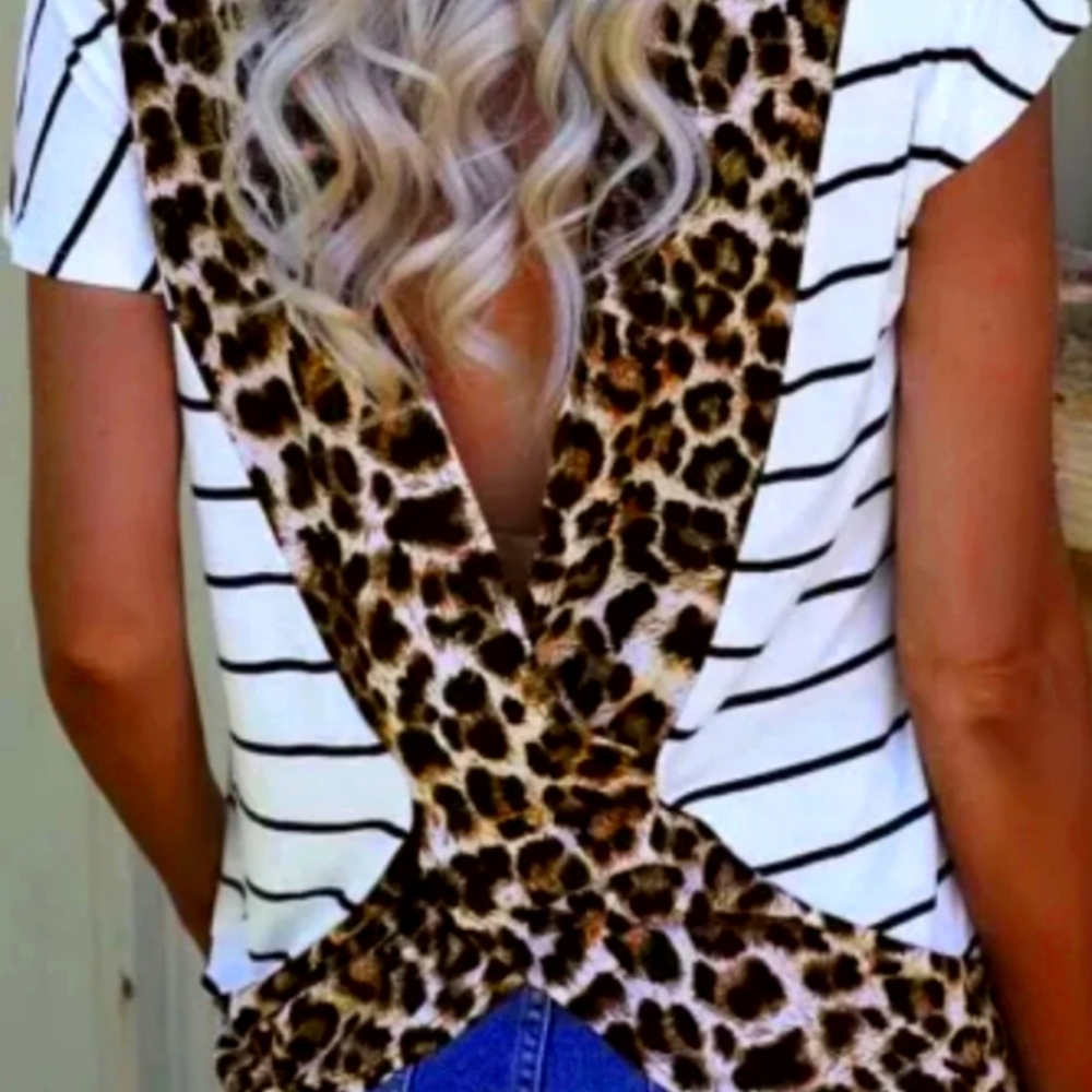 Stripe and Leopard criss cross back top, size medium
